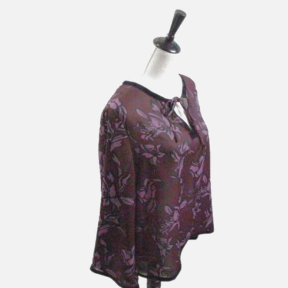 Gloria Vanderbilt Wine/Lilac Floral Semi Sheer Tie Front Blouse Size Large - Picture 5 of 6